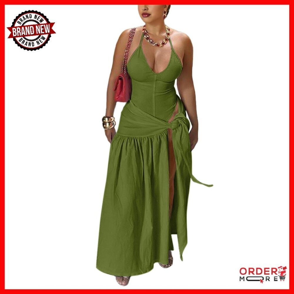Sexy Halter Backless Bodysuit Wrap Maxi Skirt Two Piece Set